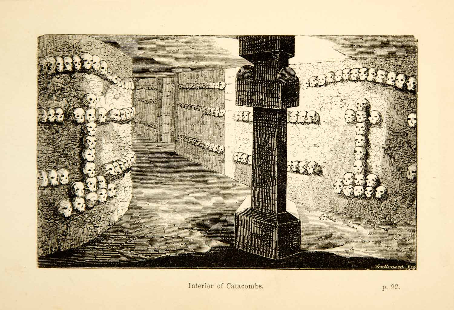 1854 Wood Engraving Interior Roman Catacombs Italy Skulls Tomb Column XGGD8