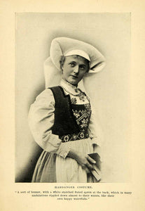 1896 Halftone Print Hardanger Norway Cultural Costume Bonnet Apron Dress XGH3