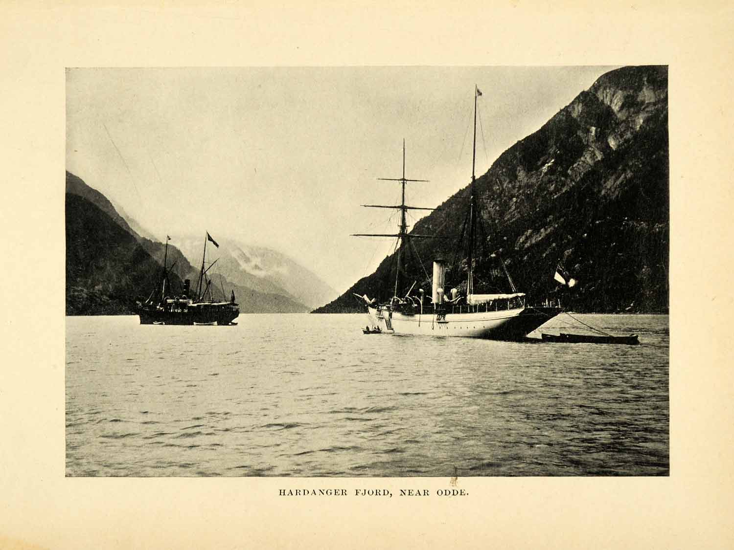 1896 Halftone Print Hardanger Fjord Odda Norway Antique Ships Seascape XGH3