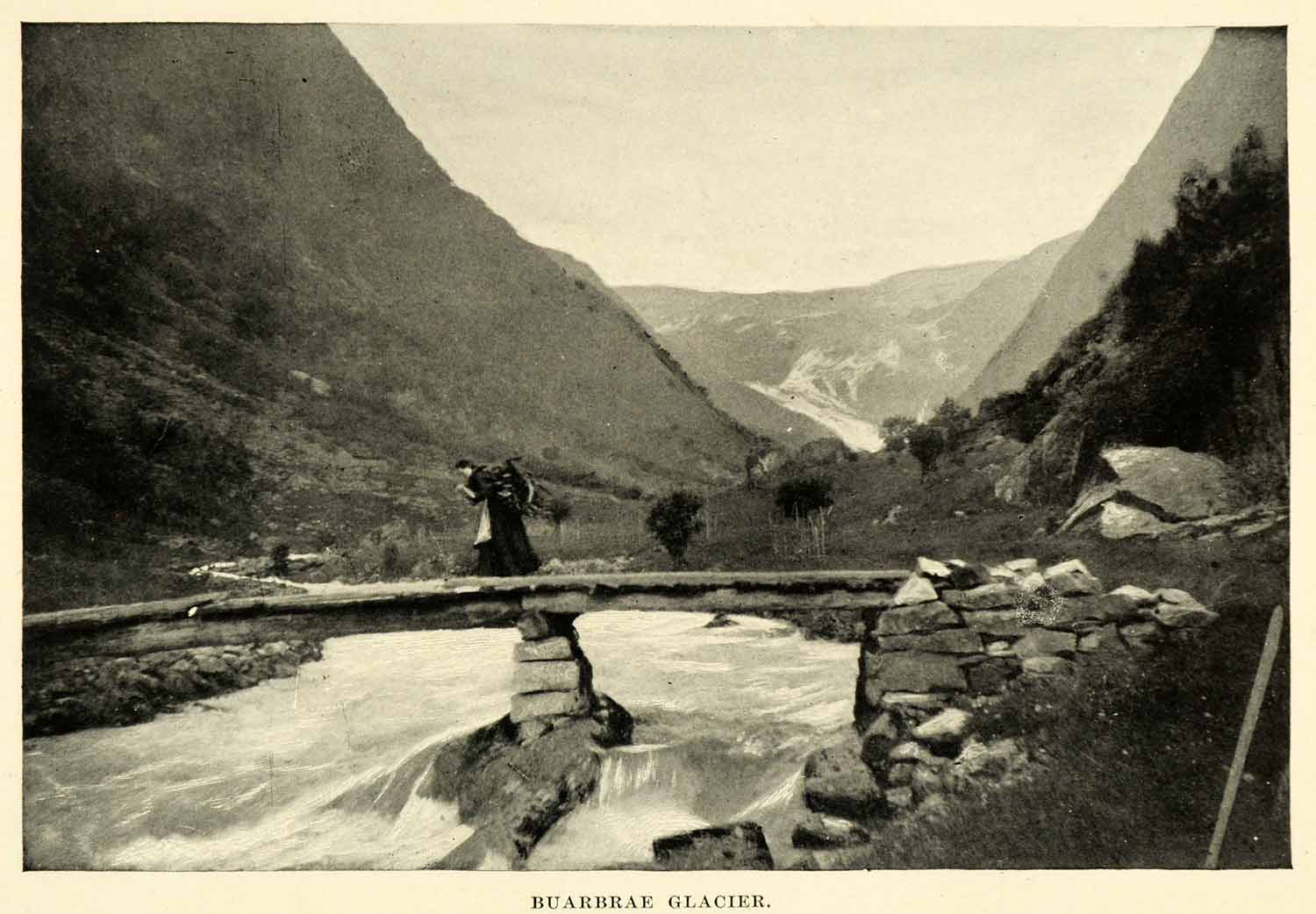 1896 Halftone Print Buarbrae Glacier Hardanger Norway Footbridge Landscape XGH3