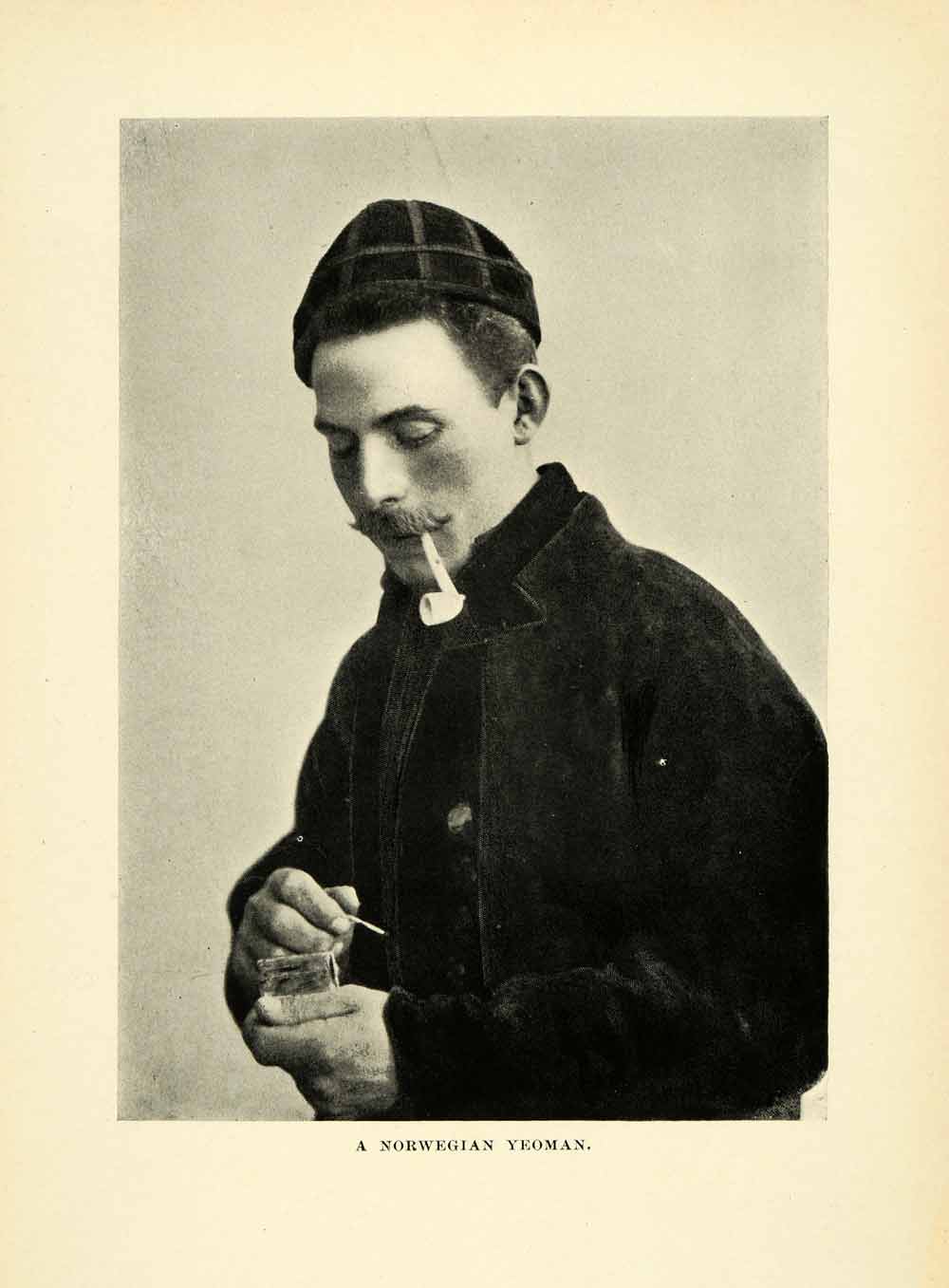 1896 Halftone Print Norwegian Yeoman Smoking Tobacco Match Pipe Portrait XGH3