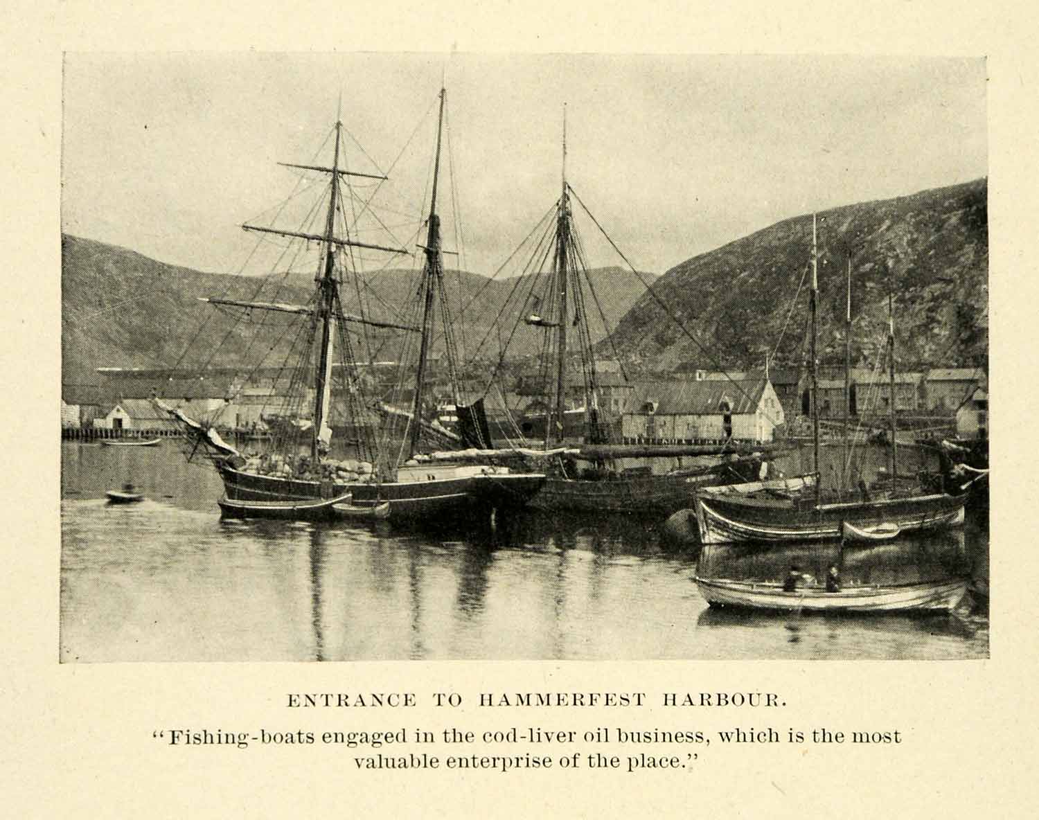 1896 Halftone Print Hammerfest Harbour Entrance Fishing Boats Historic XGH3