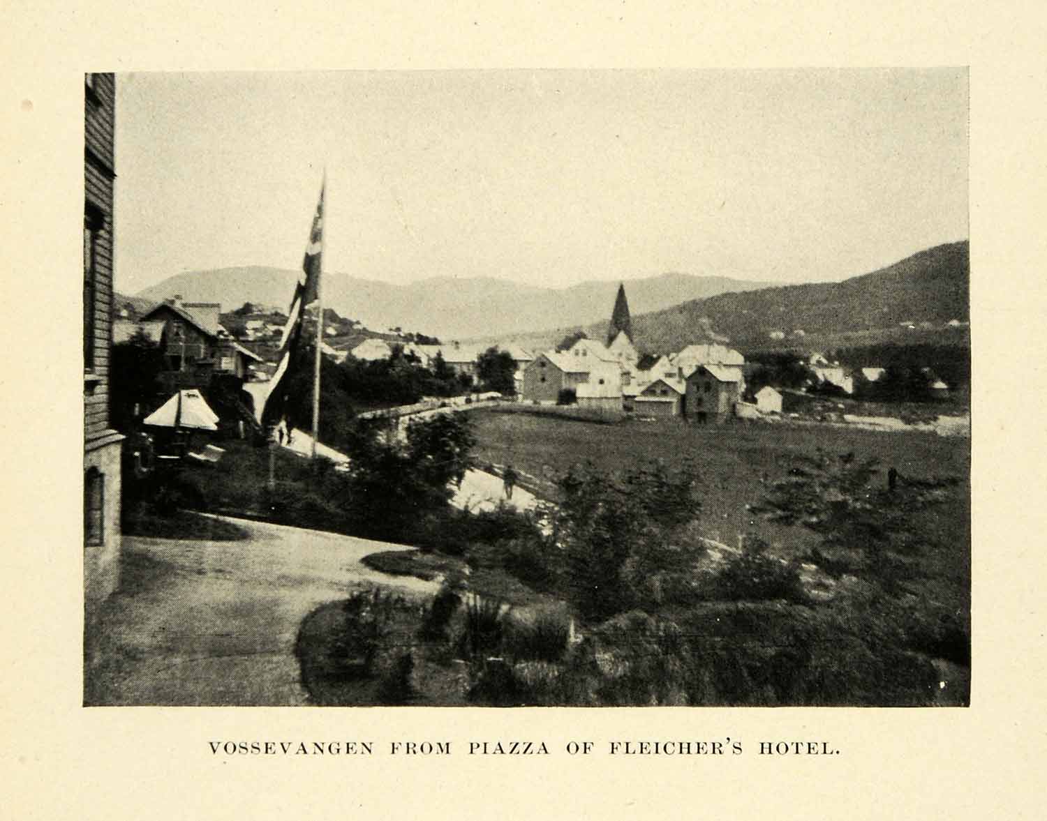 1896 Halftone Print Fleichers Hotel Piazza Vossevangen Norway Cityscape XGH3