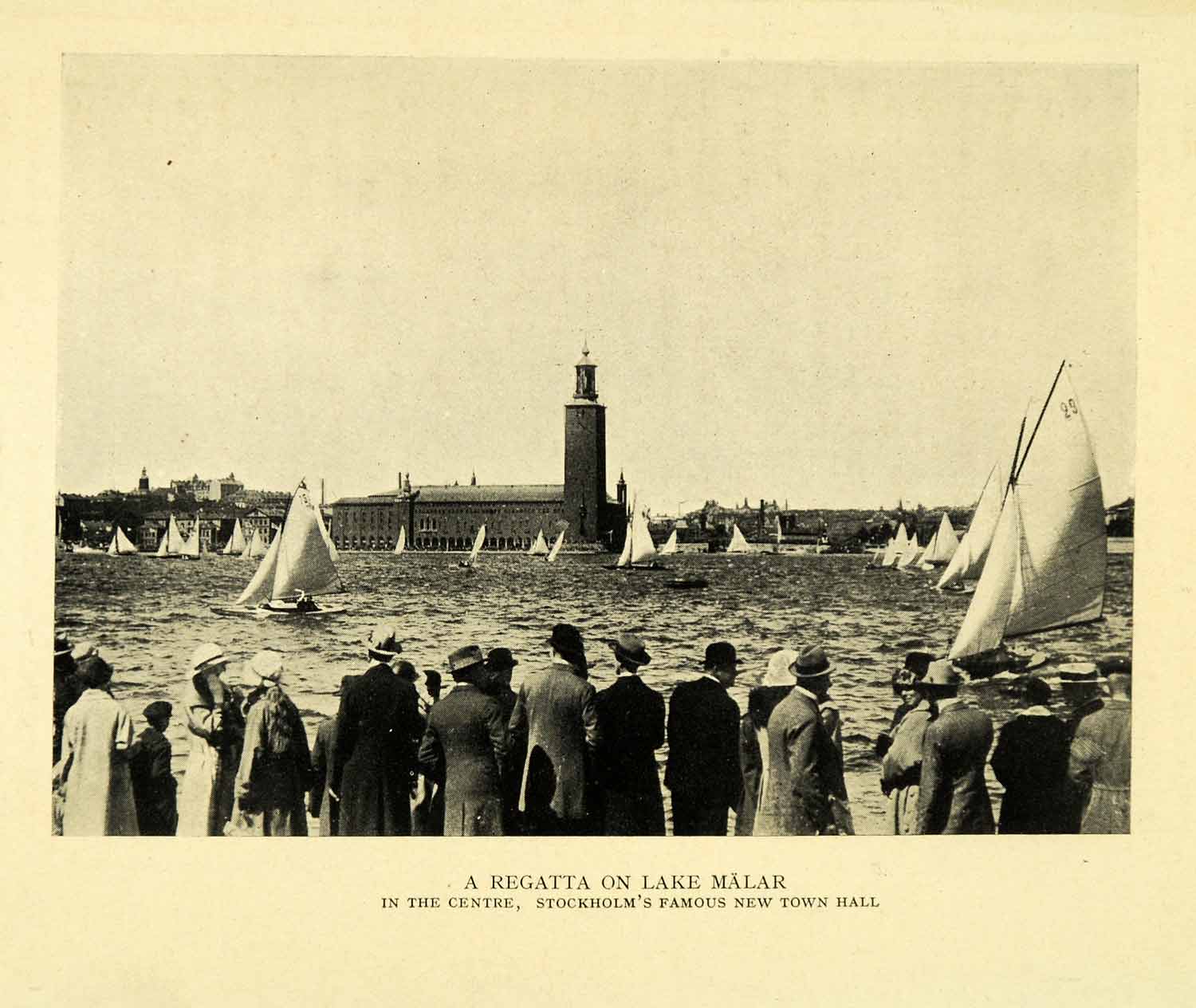 1927 Halftone Print Regatta Lake Malar Sweden Sailboat Sailing Races Crowd XGH4