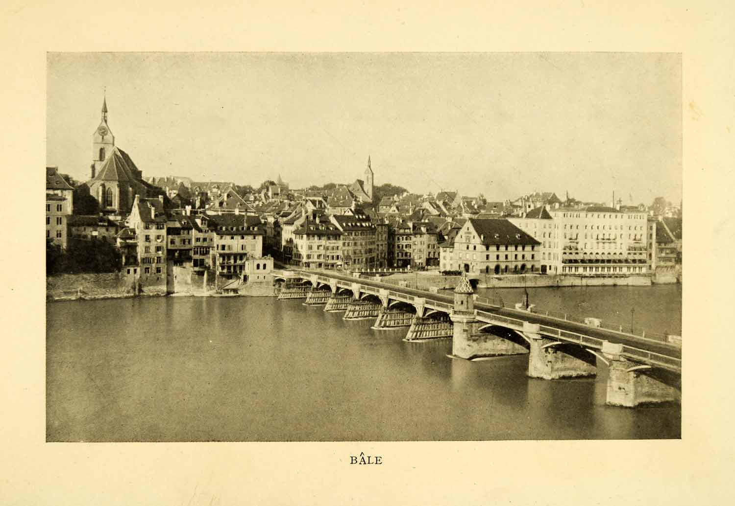 1910 Halftone Print Bale Basel Switzerland Mittlere Bridge Basel Cathedral XGH5