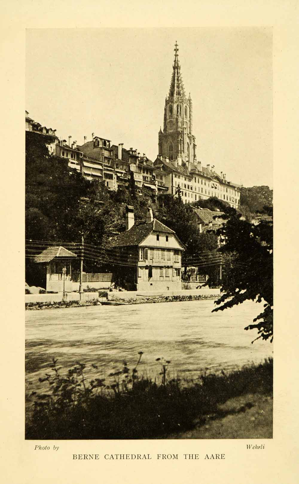 1910 Halftone Print Bern Cathedral Neo-Gothic Aar River Cityscape Telegraph XGH5