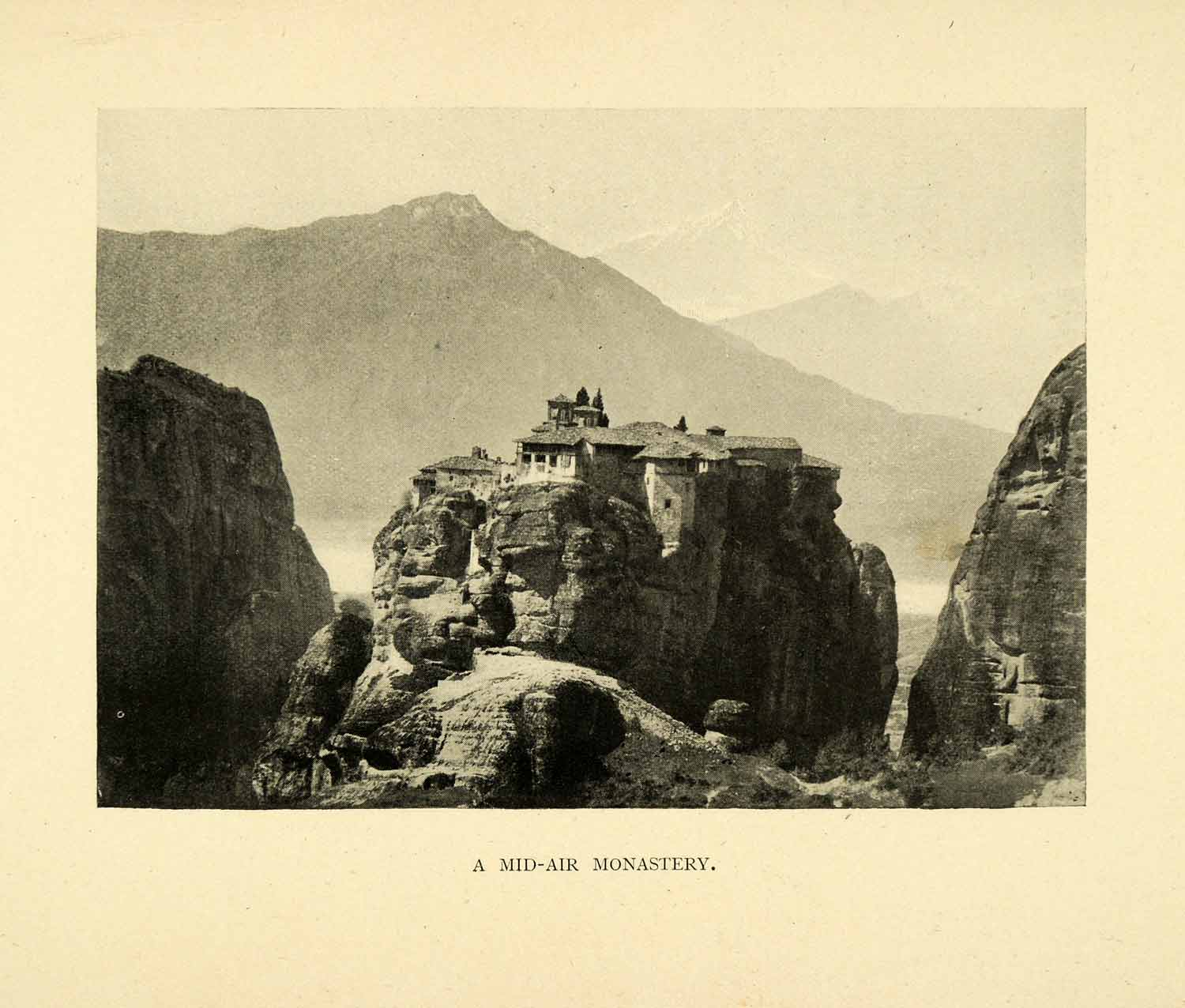 1898 Halftone Print Meteora Mid Air Monastery Ancient Greece Monks Mountain XGH7