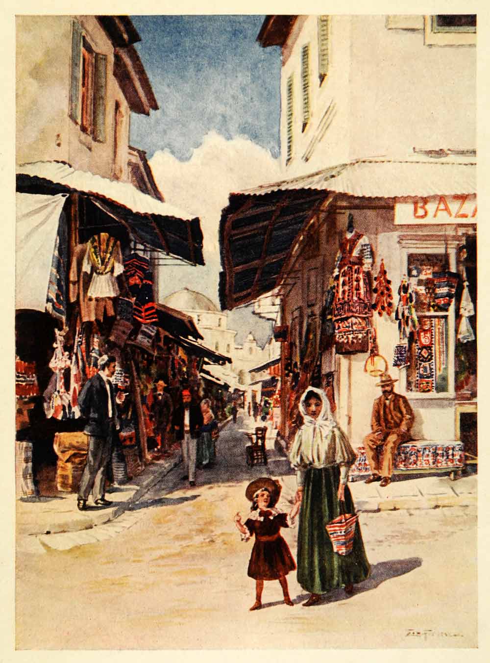1909 Color Print Fitchew Mother Child Street Athens Greece Bazaar Wares XGH8