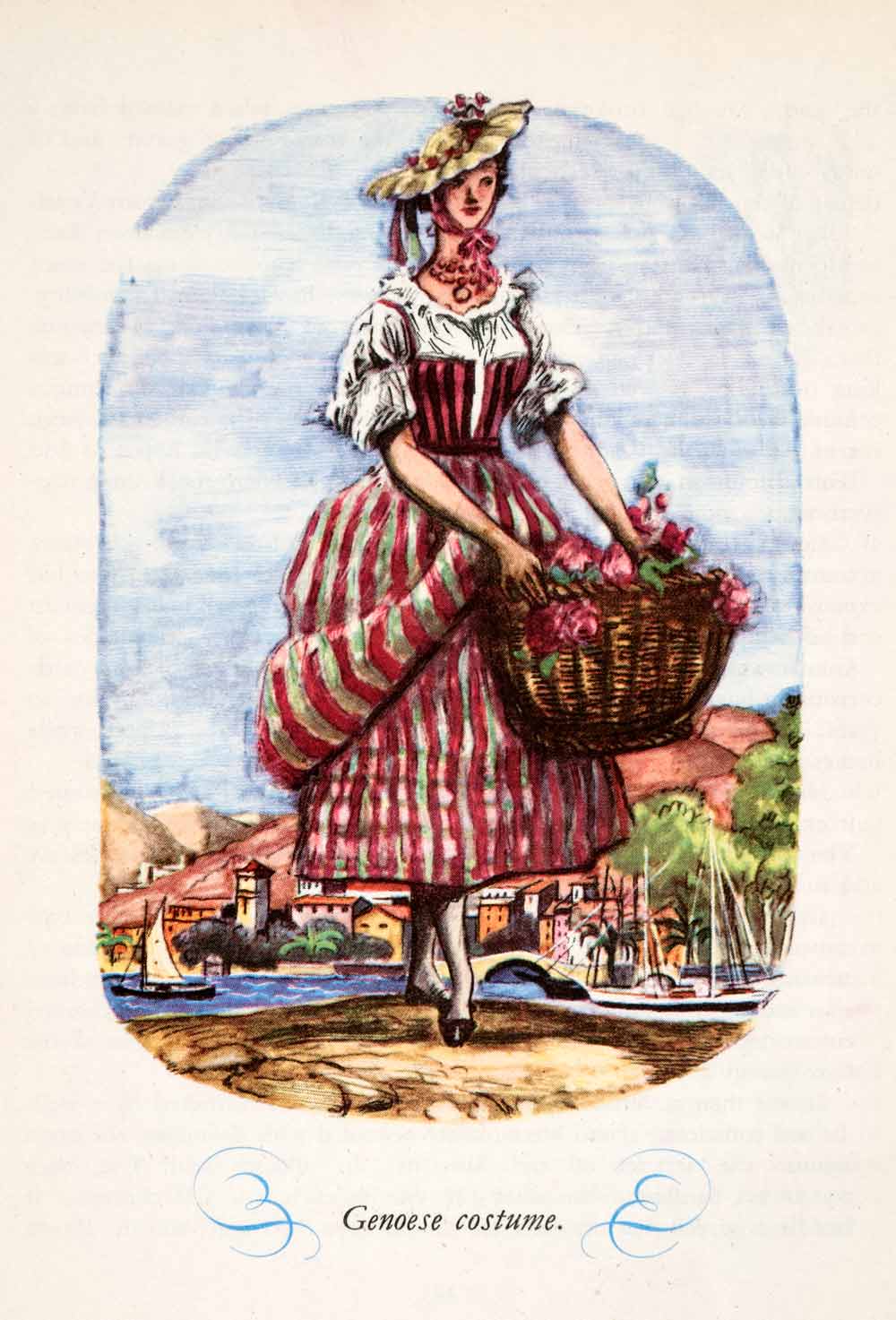 1950 Photolithograph Genoese Genoa Italy Costume Fashion Dress Hat Basket XGHA2