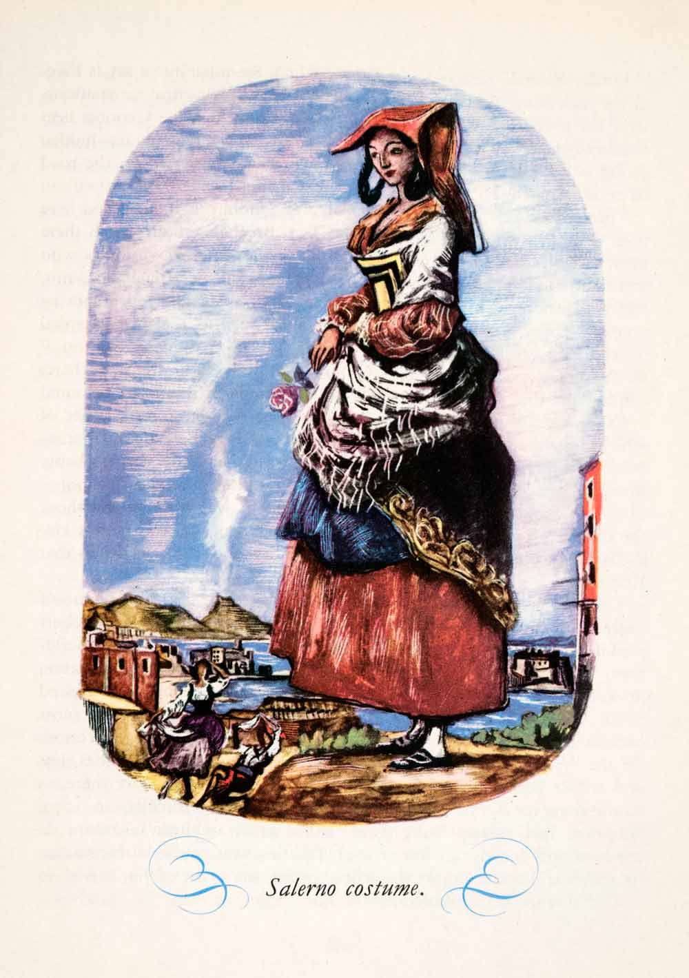 1950 Photolithograph Salerno Italy Costume Fashion Dress Headdress Bustle XGHA2