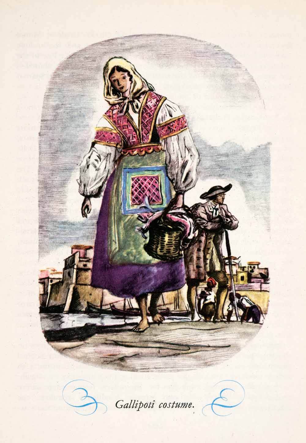 1950 Photolithograph Gallipoli Italy Costume Dress Woman Cityscape Color XGHA2