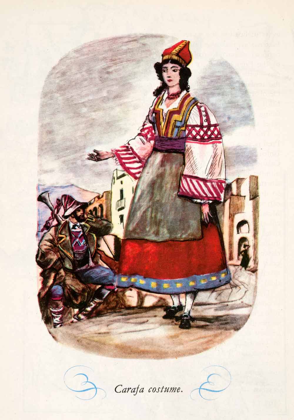 1950 Photolithograph Carafa Italy Costume Fashion Headdress Coloful XGHA2