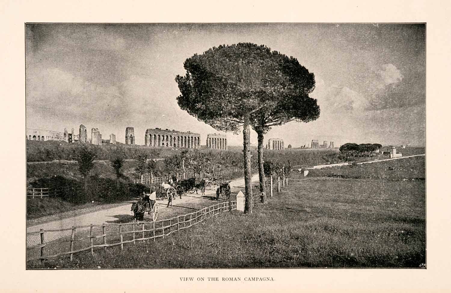 1904 Print Roman Campagna Valley Tree Path Fence Horse Carriage Meadow XGHA3