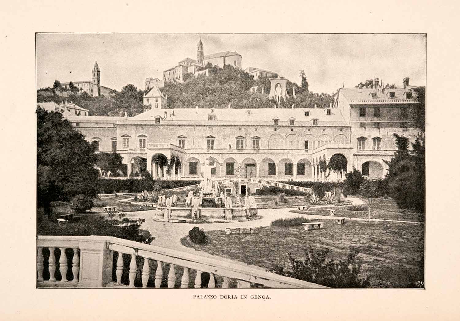 1904 Print Palazz Doria Genoa Italy Courtyard Fountain Hillside Mansion XGHA3