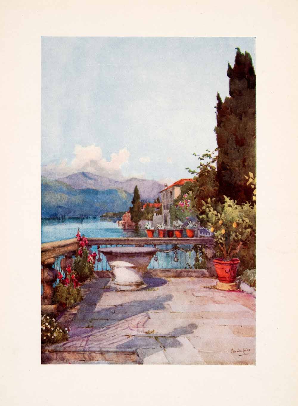 1908 Print Orta Italy Terrace Botanical Garden Lake Landscape Ella Du Cane XGHA5
