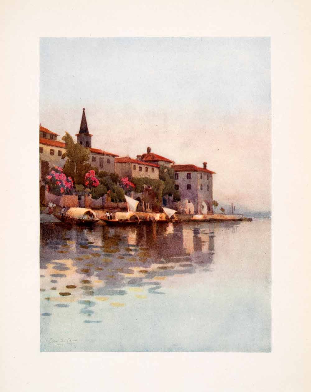1908 Print Lake Maggiore Italy Coastal Cityscape Venetian Boats Ella Du XGHA5