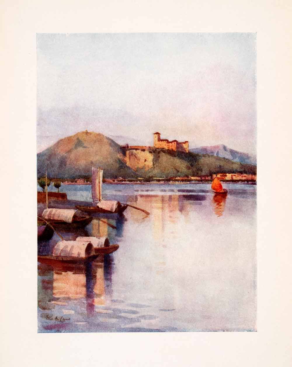 1908 Print Angera Lake Maggiore Italy Venetian Boats Landscape Ella Du XGHA5