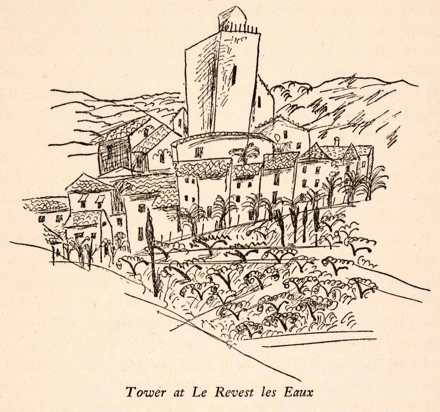 1935 Lithograph Janice Biala Medieval Tower Le-Revest-les-Eaux Var France XGHA6