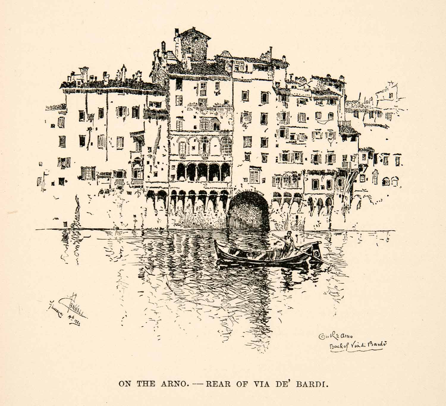 1886 Wood Engraving Via de' Bardi Arno River Florence Cityscape Joseph XGHB3