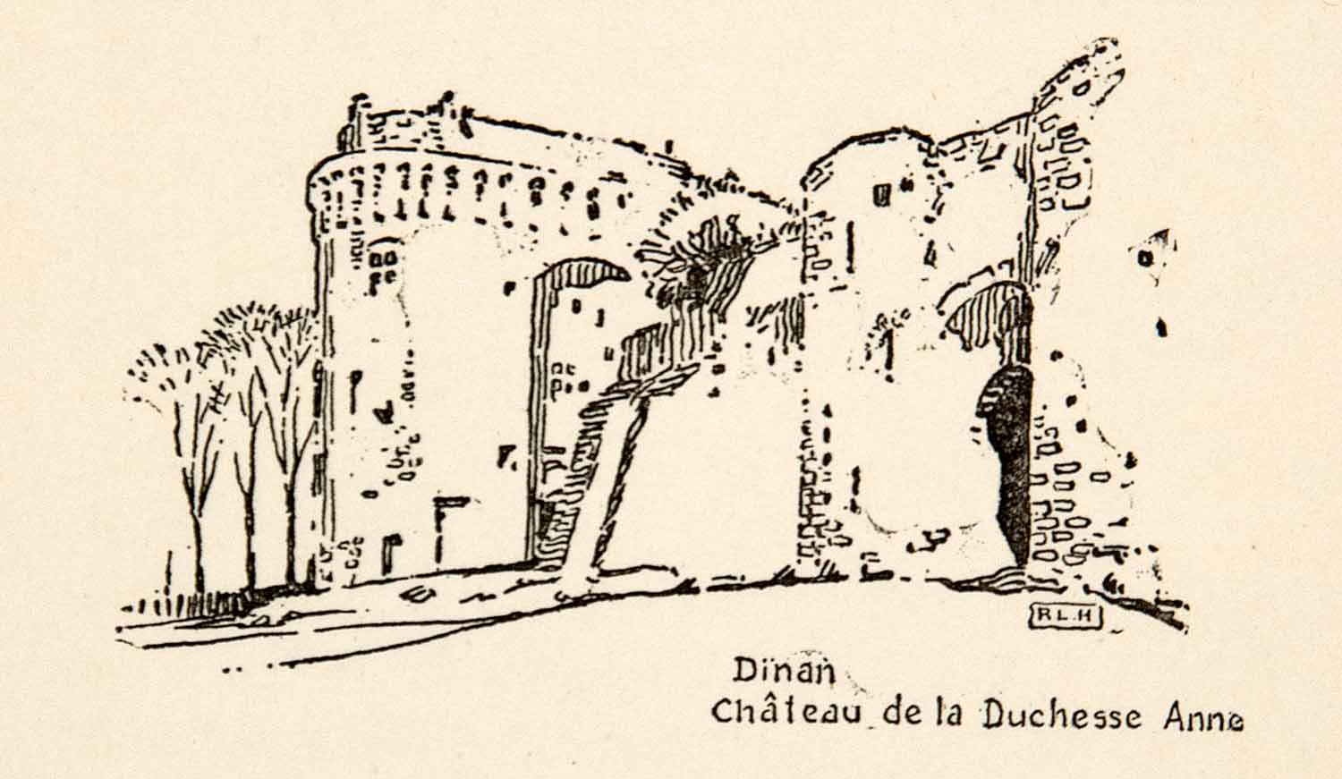 1917 Wood Engraving Dinan Chateau de la Duchesse Anne France Roy L. Hilton XGHB6