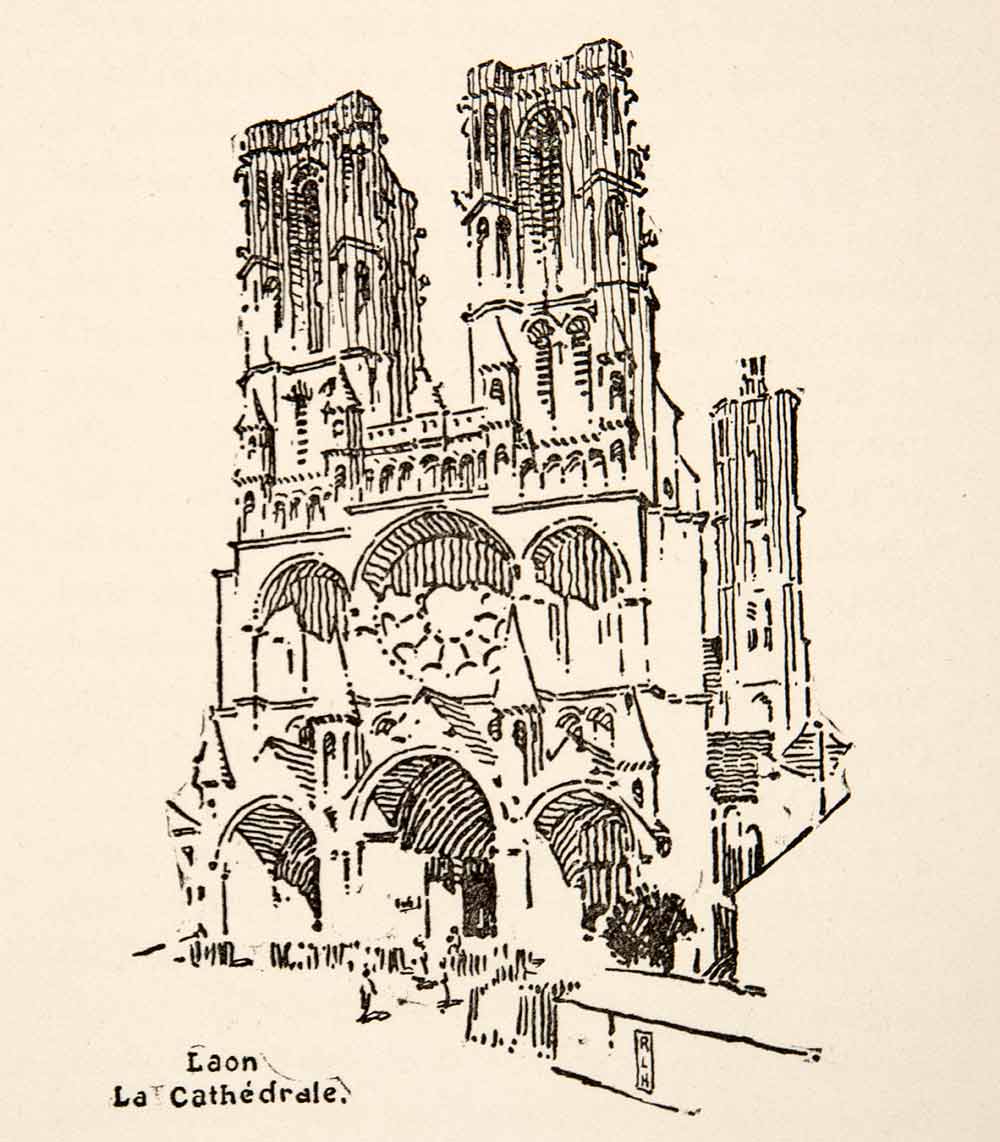 1917 Wood Engraving Laon La Cathedrale France Roy L. Hilton Churches XGHB6