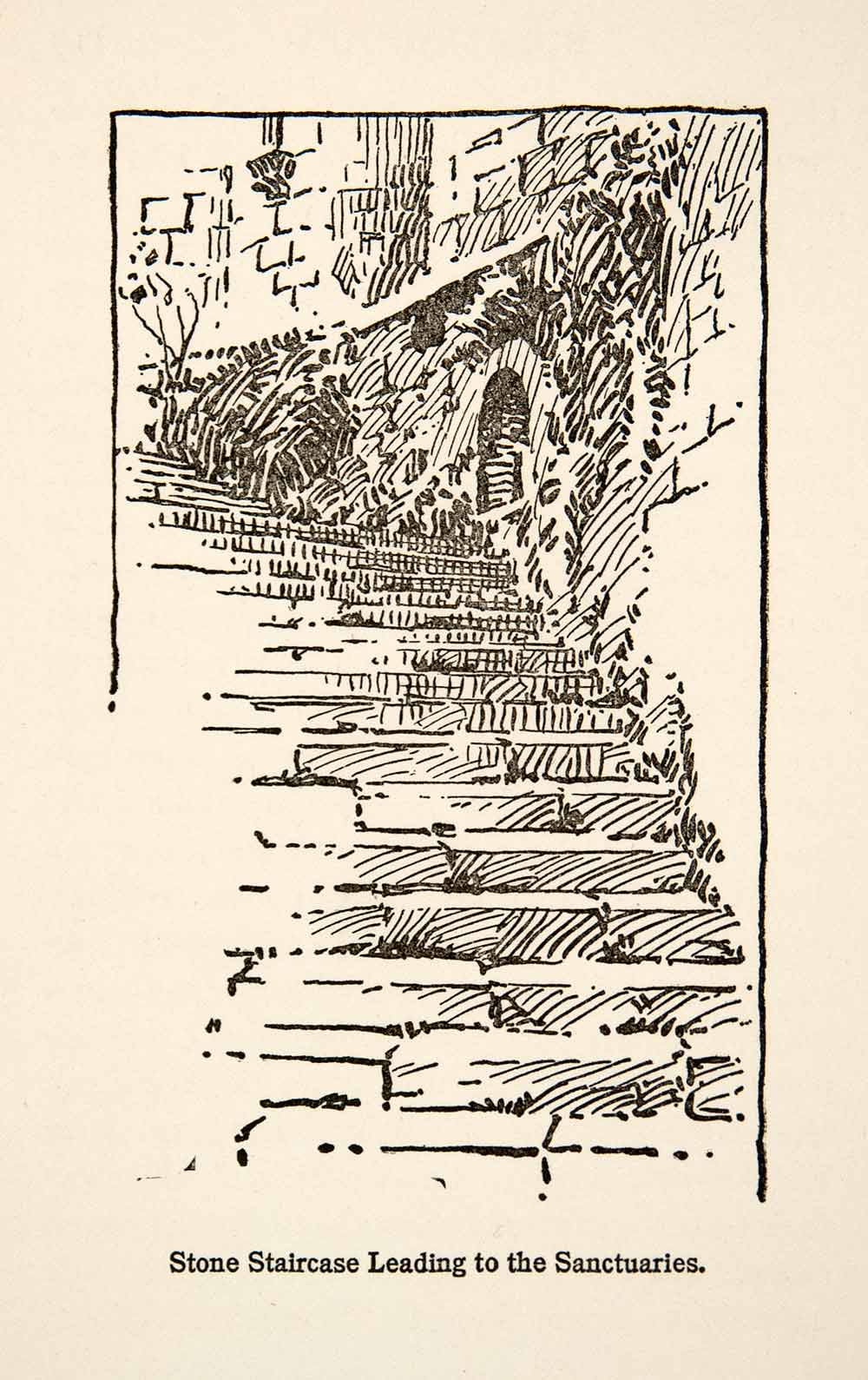 1917 Wood Engraving Stone Staircase Sanctuaries France Roy L. Hilton XGHB6