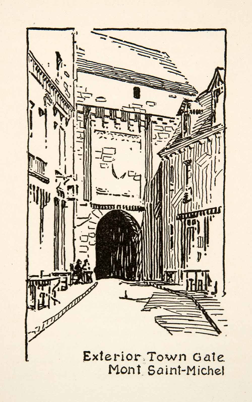 1917 Wood Engraving Exterior Town Gate Mont Saint Michel France Roy L XGHB6
