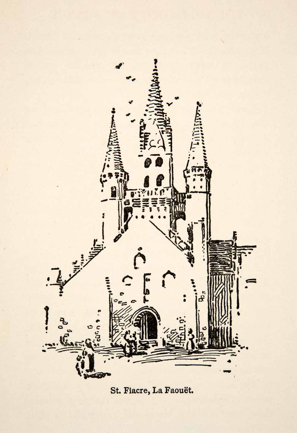 1917 Wood Engraving Saint Fiacre La Faouet France Roy L. Hilton Church XGHB6