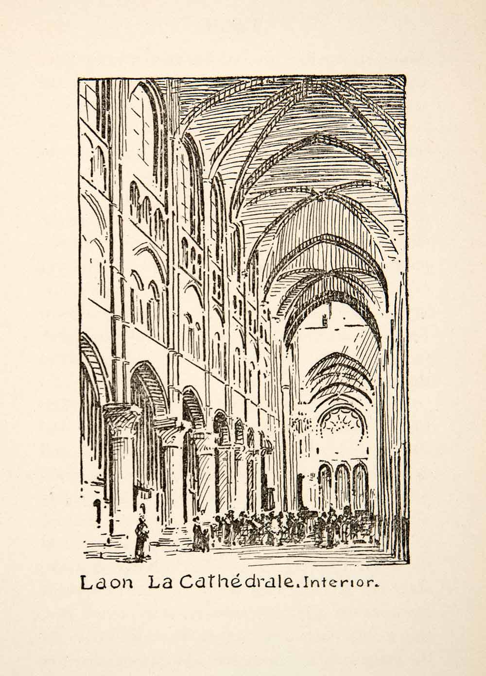 1917 Wood Engraving Laon La Cathedrale Interior France Roy L. Hilton XGHB6