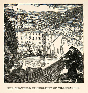 1927 Lithograph Old World Fishing Villefranche France Cityscape Thornton XGHB7