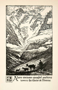 1927 Lithograph Mountain Slope Glacier de l'Homme France Goat Thornton XGHB7