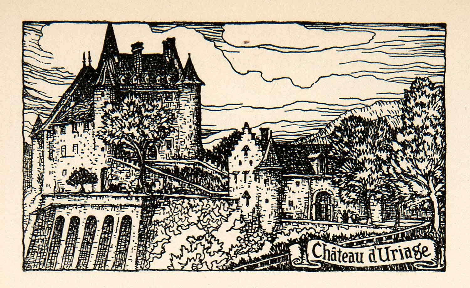 1927 Lithograph Chateau d'Urage France Castle Fortress Cityscape Thornton XGHB7