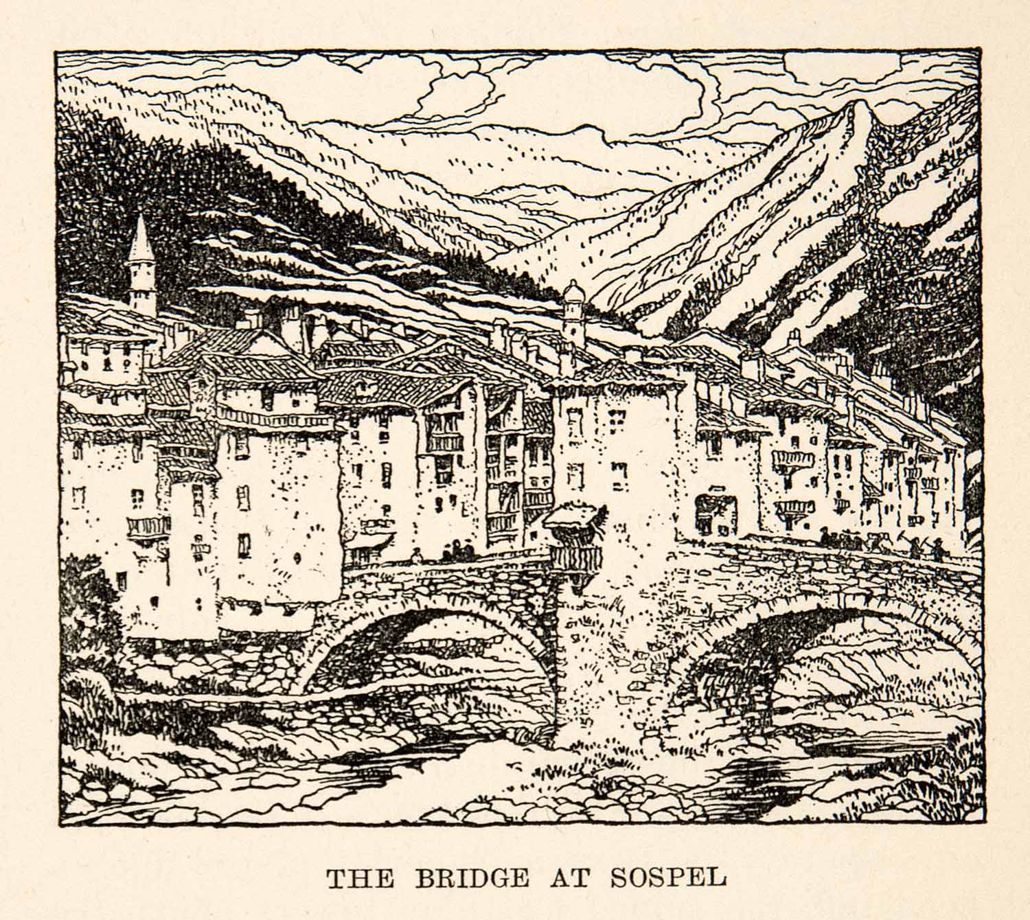 1927 Lithograph Medieval Bridge Sospel France Cityscape Mountain Thornton XGHB7