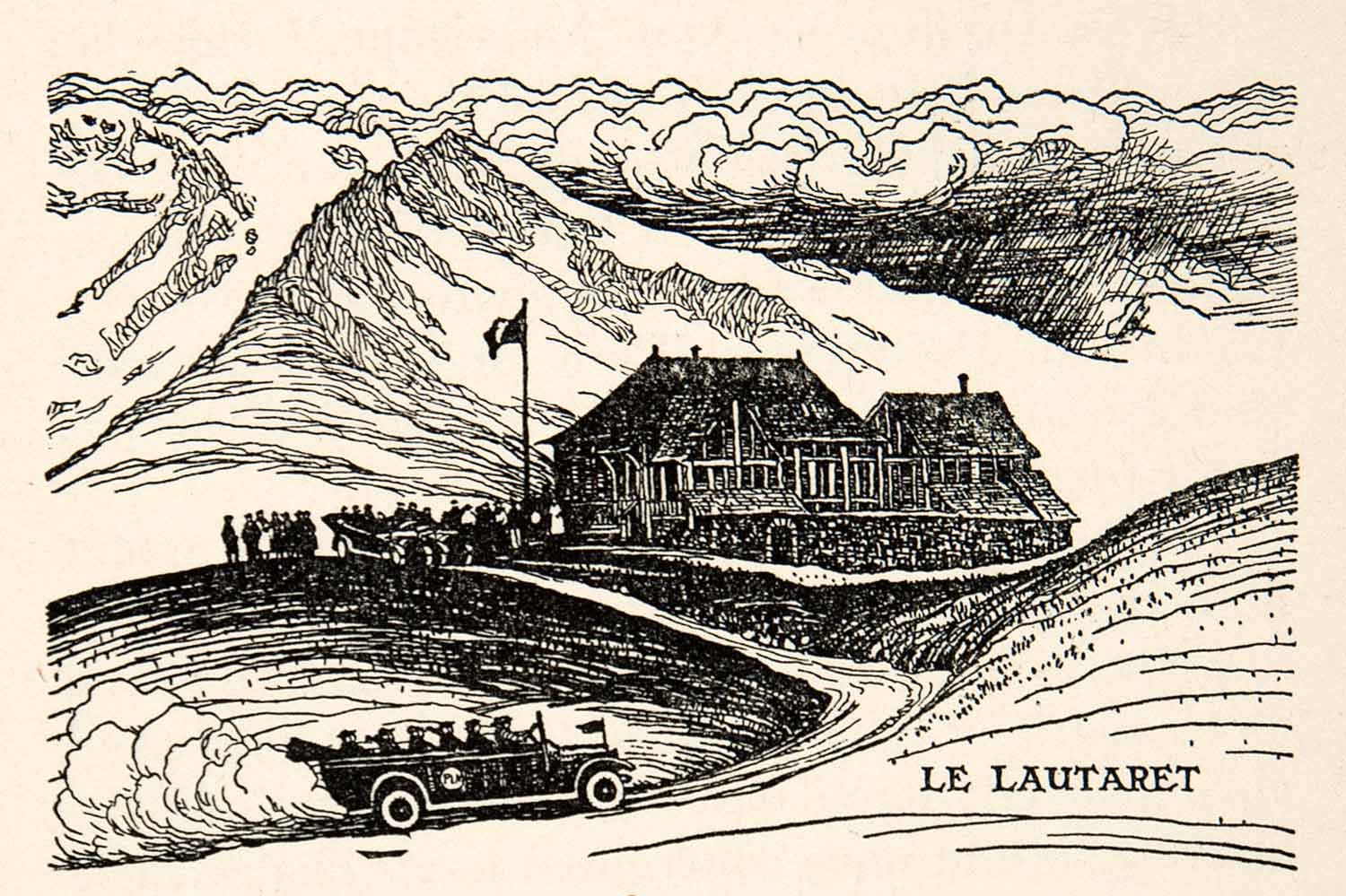 1927 Lithograph Col Lautaret Mountain Pass Road Alps Car France Thornton XGHB7
