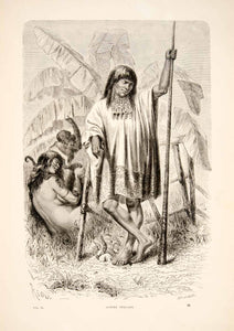 1875 Wood Engraving Conibo Indian Spear South America Rainforest Monkey XGHC1