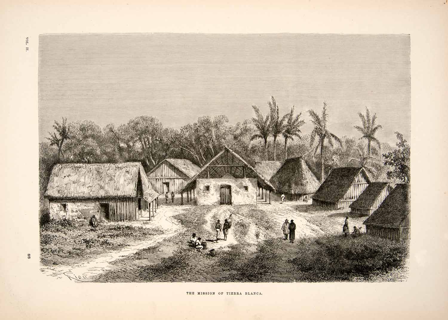 1875 Wood Engraving Mission Tierra Blanca Roman Catholic Amazon Rainforest XGHC1