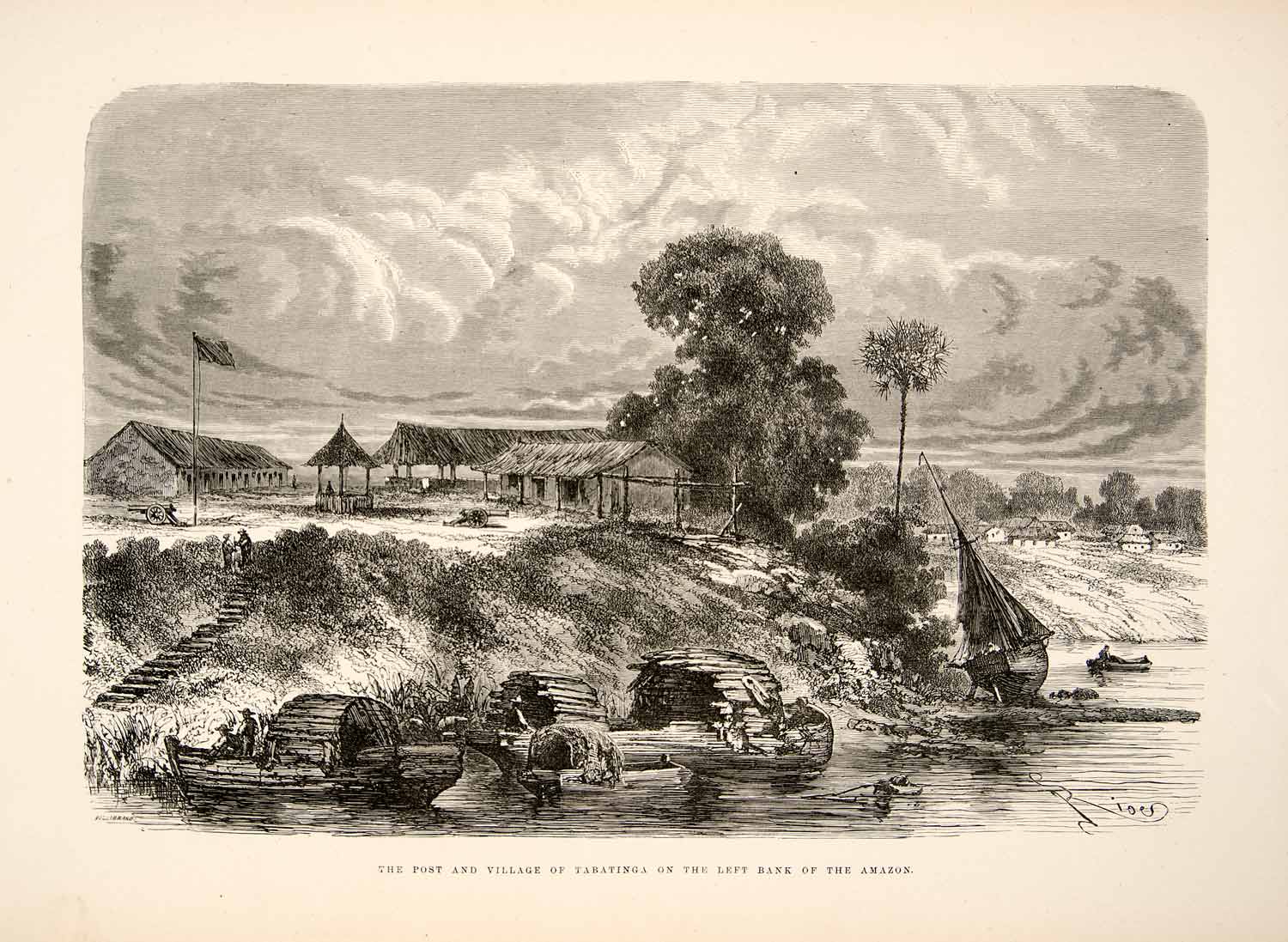 1875 Wood Engraving Post Village Tabatinga Amazon River South America Peru XGHC1