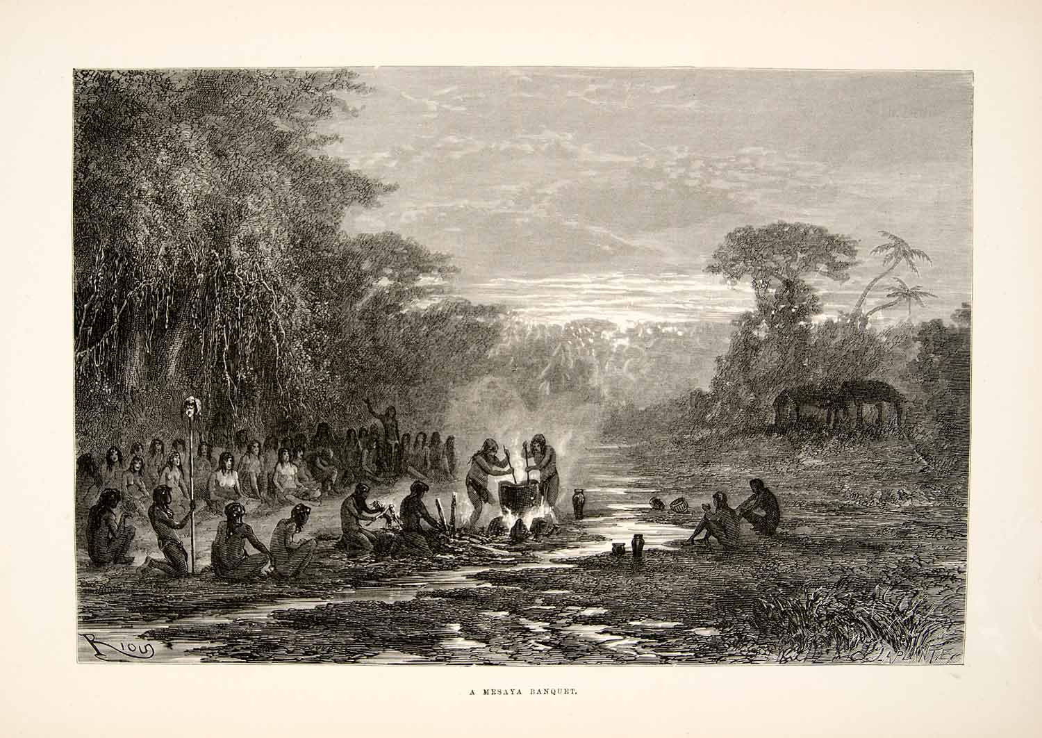 1875 Wood Engraving Mesaya Banquet Rainforest South America Tribe Campfire XGHC1
