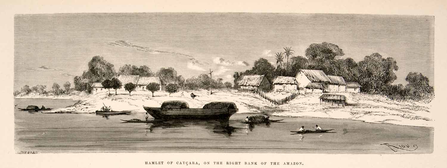 1875 Wood Engraving Caycara Town Amazon River Boat Canoe Beach Rainforest XGHC1