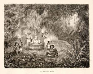 1875 Wood Engraving Rainforest Sarayacu Ecuador Prior Bath Torch Tub XGHC1