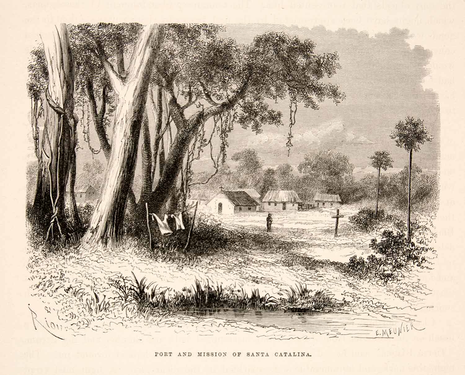 1875 Wood Engraving Port Mission Santa Catalina South America Peru Village XGHC1