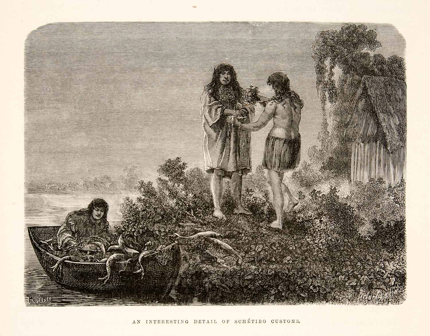 1875 Wood Engraving South America Canoe Ocymum Native Schetibo Custom XGHC1