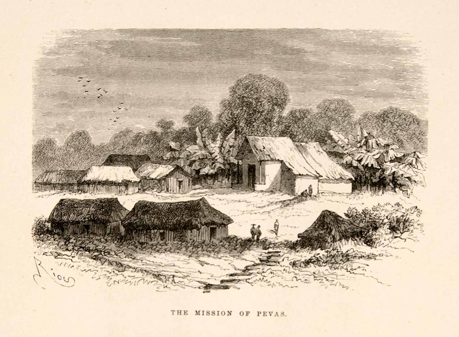 1875 Wood Engraving Mission Pevas Village Rural South America Saint XGHC1