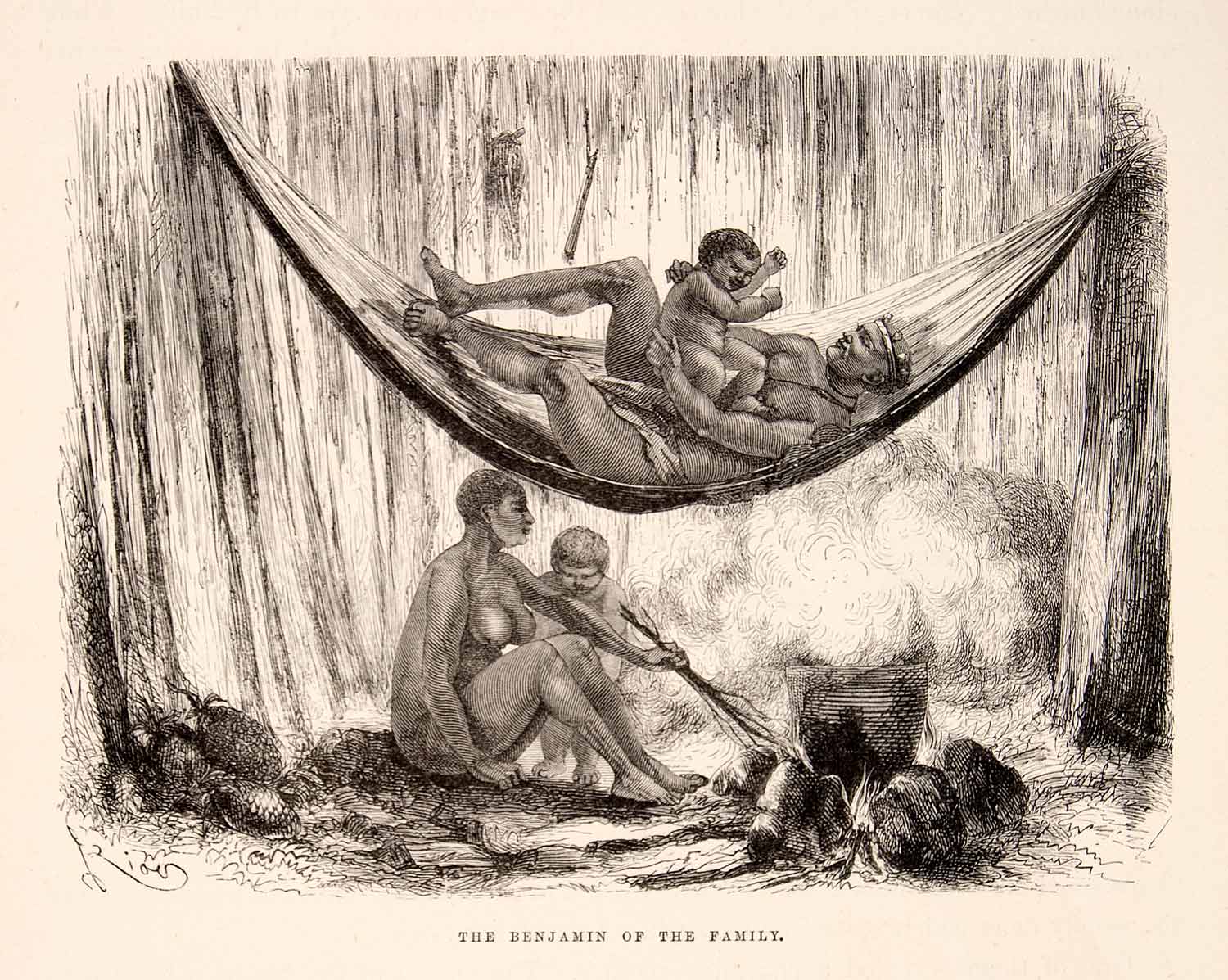 1875 Wood Engraving Yahua Indian Family Nude Hammock Home Interior XGHC1
