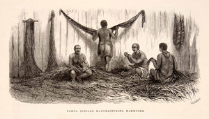 1875 Wood Engraving Yahua Indians Manufacture Hammocks South America XGHC1