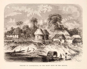 1875 Wood Engraving Village Cochiquinas Amazon River Bank Rural Canoe XGHC1
