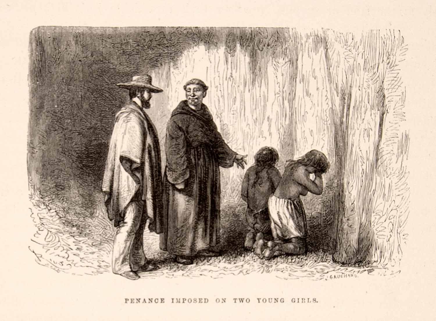 1875 Wood Engraving Forced Penance Missionary Jesuit Native Girls South XGHC1
