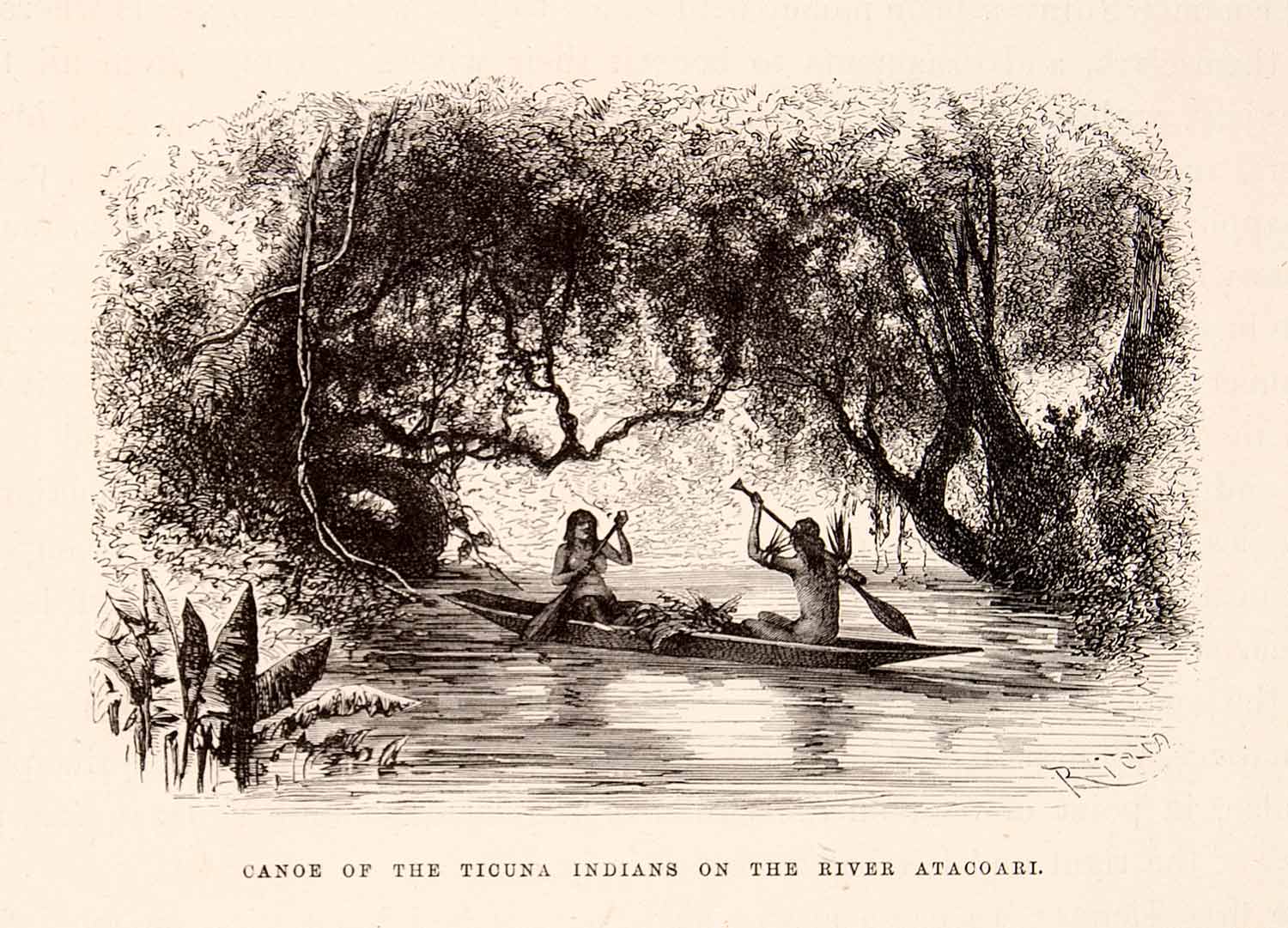 1875 Wood Engraving Canoe Ticuna Indians River Atacoari South America XGHC1