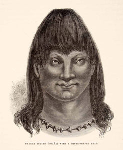1875 Wood Engraving Omagua Indian Portrait Mitre Shaped Head Umaua XGHC1