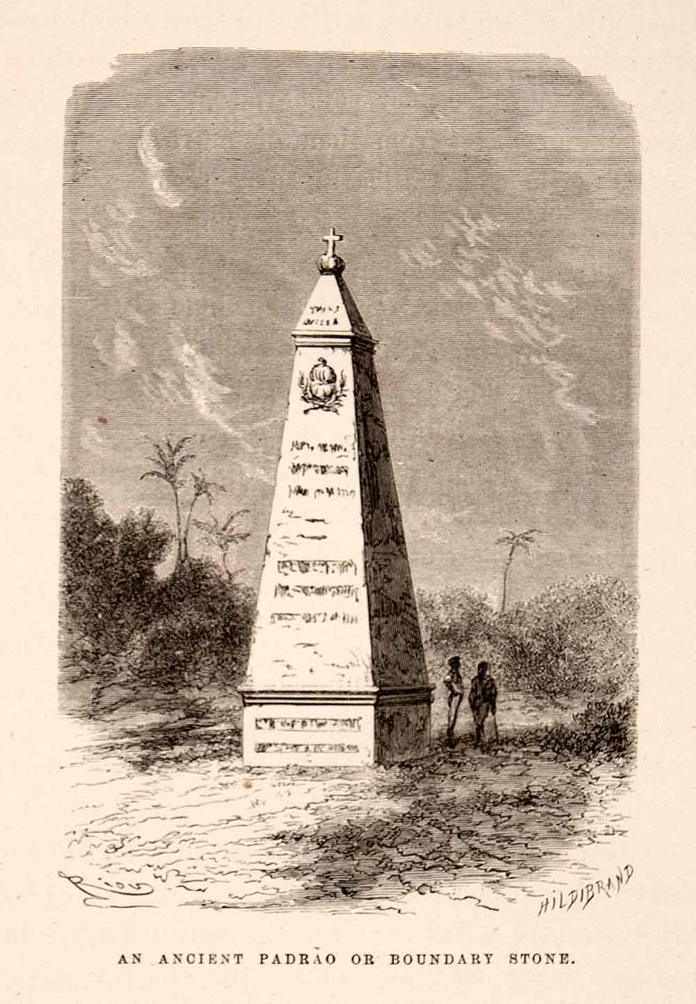 1875 Wood Engraving Ancient Padrao Boundary Stone Monument Portuguese XGHC1